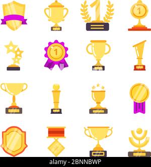 Trophy symbols. Achievement awards medals with ribbons for winners sport victory vector flat icons Stock Vector