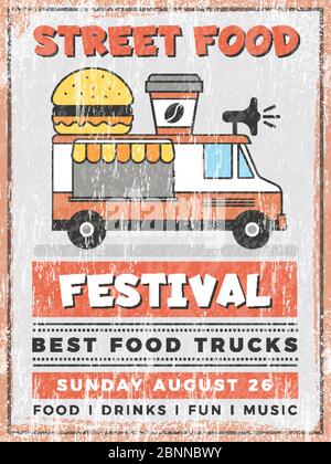 Food street festival. Kitchen in car mobile Van outdoor fast catering delivery vector vintage poster design Stock Vector
