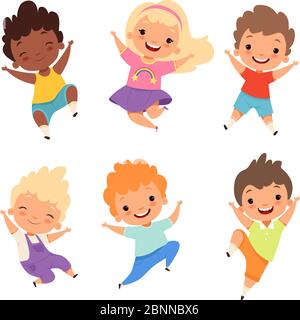 Jumping kids. Happy school children smile laugh boys and girls playing vector cartoon characters Stock Vector
