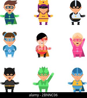Kids superheroes. Cartoon 2d game characters of heroes in mask cute male and female sup brave comic vector mascots Stock Vector