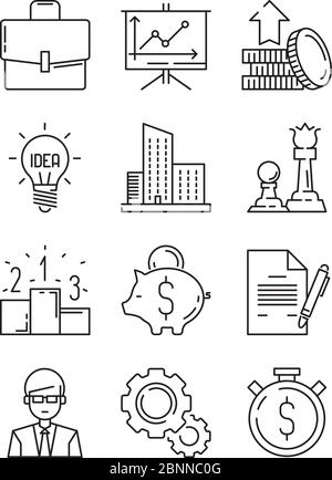 Business line icons. Money finance starting startup strategy team vector symbols isolated Stock Vector