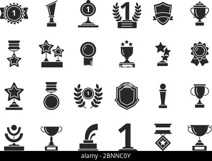 Winners trophies icons. Cups awards medals with ribbons vector black silhouettes isolated Stock Vector