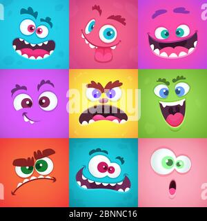 Monsters emotions. Scary faces masks with mouth and eyes of aliens monsters vector emoticon set Stock Vector