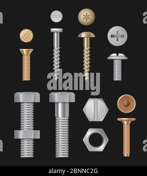 Metallic bolts and screws. Construction hardware silver repair tools. Vector realistic templates isolated Stock Vector