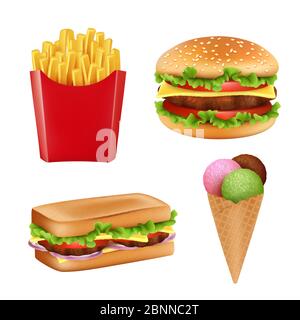 Fast food pictures. Hamburger sandwich fries icecream and cold drinks bread 3d realistic vector illustrations isolated Stock Vector