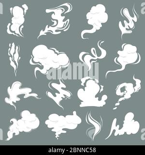 Steam clouds. Cartoon dust smoke smell vfx explosion vapour storm vector pictures isolated Stock Vector