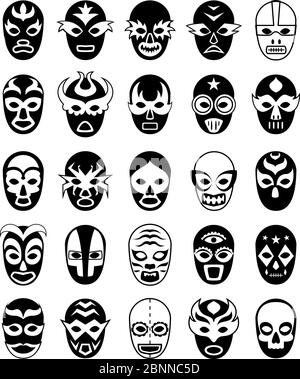 Fighters masks. Mexican lucha libre silhouettes of vector masked luchador isolated Stock Vector