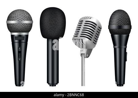 Microphones 3d. Music studio misc mic equipment vector realistic pictures of vintage style microphones isolated Stock Vector