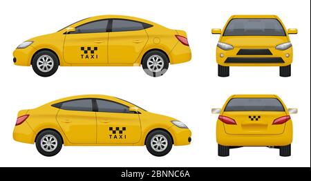 Taxi realistic. Yellow city car vehicle branding taxicab top left and right side vector 3d pictures set isolated Stock Vector