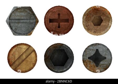 Old rusty bolts screw. Hardware rust metal texture for different iron tools. Vector realistic pictures Stock Vector