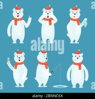 Polar bear cartoon. Ice snow white funny wild animal in different poses vector characters Stock Vector