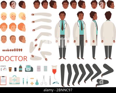 Medic animation. Doctor characters hospital medicine staff body parts and clothes vector creation kit Stock Vector