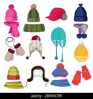 Winter hat cartoon. Headwear cap scarf and other fashion accessories clothes in flat style vector illustrations Stock Vector