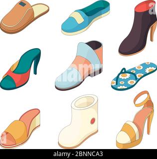 Shoes man woman. Casual clothes boots model slipper shoe from leather vector isometric illustrations Stock Vector