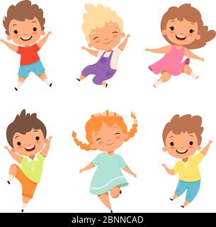 Jumping children. Cute surprised playing crazy happy kids male and female boys and girls vector cartoon characters Stock Vector