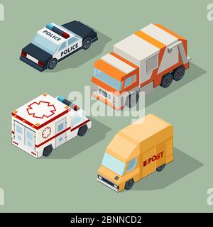 Urban cars isometric. Garbage truck mail van police and ambulance vector city traffic 3d illustrations Stock Vector