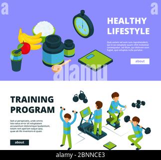 Sport banners isometric. Health exercises fitness athletic peoples sports competition vector 3d illustrations Stock Vector