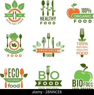 Organic food logo. Eco vegan natural health ingredients for badges or labels vector modern quality symbols Stock Vector