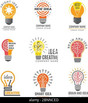 Ideas bulb logotypes. Colorful creative lamp shape smart symbols powerful vector logotypes Stock Vector