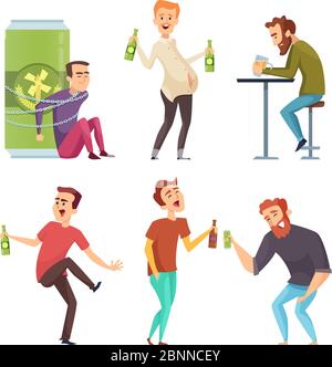 Alcoholic character. Abuse and addicted man drugs and booze vector cartoon illustrations Stock Vector