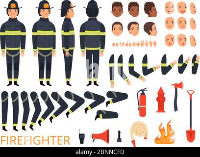 Fireman characters. Firefighter body parts and special uniform with professional tools combat fire extinguisher shovel axe vector Stock Vector