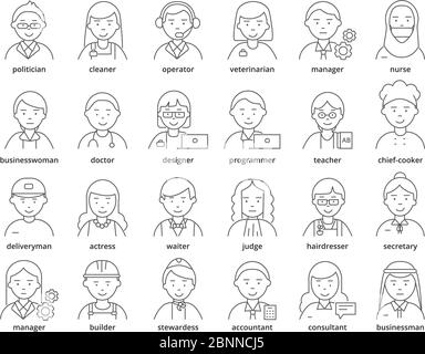 Professions avatars. Medic teacher waiter stewardess judge advocate manager builder male and female vector linear icons Stock Vector