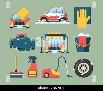 Car wash service. Dirty machines in clean building water bucket wiping sponge vector icons cartoon Stock Vector
