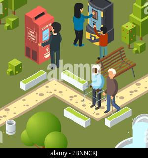 Vending machines urban park. Breakfast area business city people buying fast food snacks soda drinks ice cream vector isometric illustrations Stock Vector