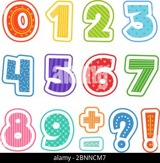 Cartoon numbers. Colored fun alphabet for school kids vector text clipart illustrations isolated Stock Vector