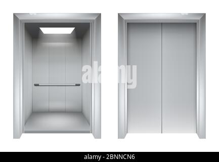 Elevator doors. Closing and opening lift metallic in office building vector realistic 3d pictures Stock Vector