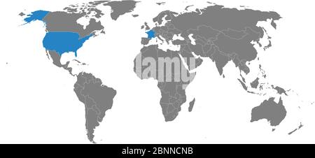 USA, france map marked blue on world map. Gray background. Perfect for Backgrounds, backdrop, business concepts and wallpapers. Stock Vector