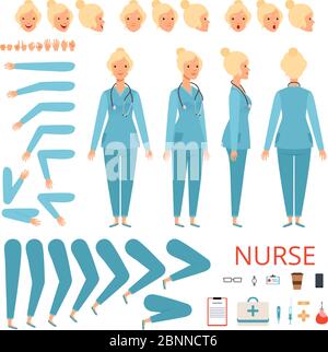 Nurse animation character. Hospital female doctor body parts and professional items vector mascot creation kit Stock Vector