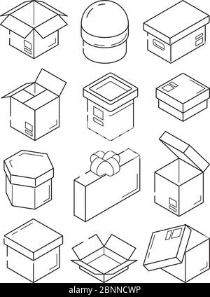 Box isometric icon. Cardboard export package container small present with bow vector outline symbols Stock Vector