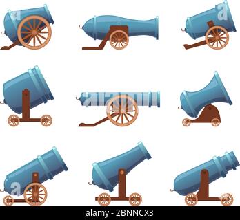 Retro cannon. Vintage military old iron weapons medieval circus artillery vector in cartoon style Stock Vector