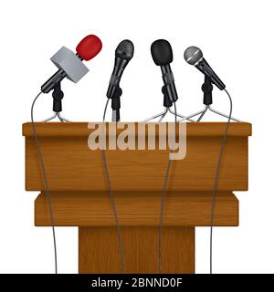 Press conference stage. Meeting news media microphones vector realistic pictures Stock Vector
