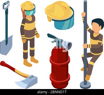 Fire station items isometric. Firefighters smoke truck fireman extinguisher flame water professional equipment vector 3d pictures Stock Vector