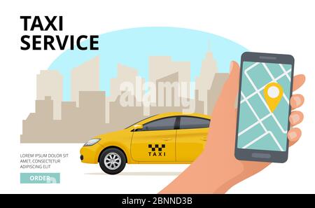 Taxi order. Hand holding smartphone and push button to call business city public urban car vector travel concept Stock Vector