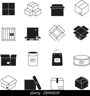 Box icons. Cardboard packages envelopes mail stack vector symbols isolated Stock Vector