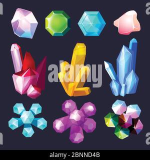 Gemstones cartoon. Crystals rock stones and quartz amethyst vector big set isolated Stock Vector