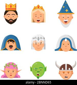 Fairytale avatars collection. Fantasy game characters warrior queen barbarian goblin princess vector mascot in flat style Stock Vector