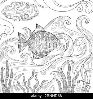 Ocean fish coloring. Fashion pictures of water sea or ocean animals vector drawings for adults books Stock Vector