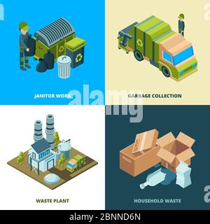 Recycle food concept. Waste removal from city disposal services cleaning truck vector isometric illustrations Stock Vector