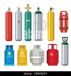 Gas cylinders icons. Petroleum safety fuel metal tank of helium butane acetylene vector cartoon objects isolated Stock Vector