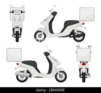 Moto bike realistic. Views of scooter for delivery service auto top side back vector 3d transport isolated Stock Vector