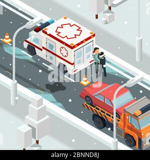 Urban accident crash cars. Winter warning on road slip wreck automobile vector landscape isometric Stock Vector