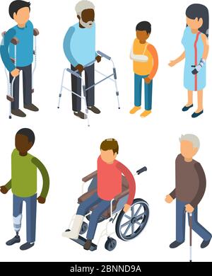 Disabilities persons isometric. Injury invalids defective persons maggiore deaf care adults vector 3d peoples Stock Vector