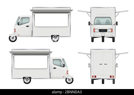 Food truck realistic. Fast food delivery motorbike transport open truck window catering service vector 3d illustrations Stock Vector