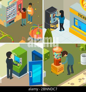 Vending machines. People drinking eating fast food snacks chips ice cream buying in automatic shop vector concept isometric pictures Stock Vector