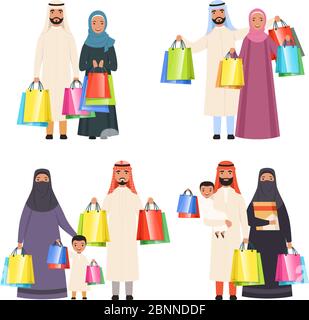Arab family shopping. Muslim happy people male female and kids in market with bags vector cartoon characters isolated Stock Vector