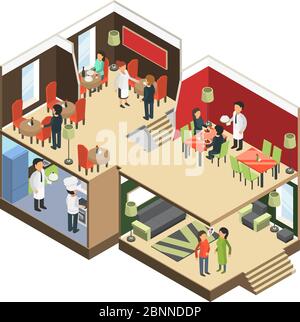 Restaurant interior. Isometric bar cafe buffet building with eatting guests vector 3d pictures Stock Vector